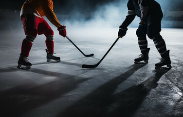Obraz premium Rival hockey players stand side by side, clutching their sticks