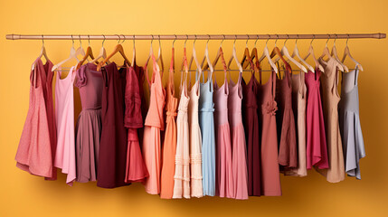 Female dresses hanging on rack in a fashion store with pink background