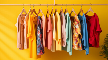 Fashionable female cloth rack, stylish frocks on hangers in yellow background