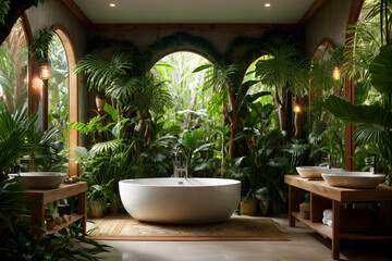 Fototapeta na wymiar bathroom with exotic rainforest influences, lush greenery, and vibrant wildlife motifs. Generative ai.