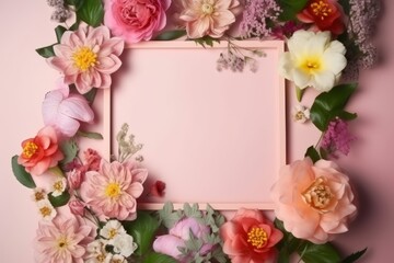 A picture frame with vibrant flowers on a soft pink background