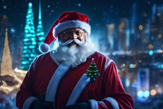 Smiling Santa Claus with Christmas tree in a futuristic with holographic holiday decoration   concept Merry Christmas and Happy New Year 