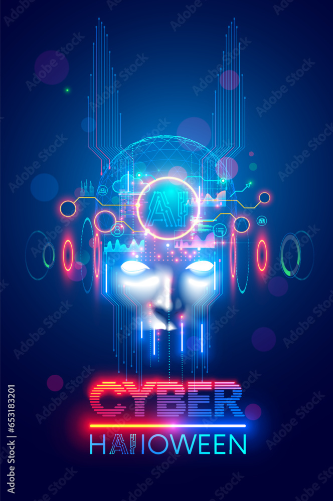 Poster Evil in image scary AI robot face with horns. Spooky artificial intelligence cyborg head. Cyber halloween party banner. Bad robot with neon lights eyes. creepy electronic devil technology monster.