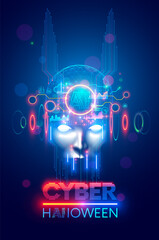 Evil in image scary AI robot face with horns. Spooky artificial intelligence cyborg head. Cyber halloween party banner. Bad robot with neon lights eyes. creepy electronic devil technology monster.