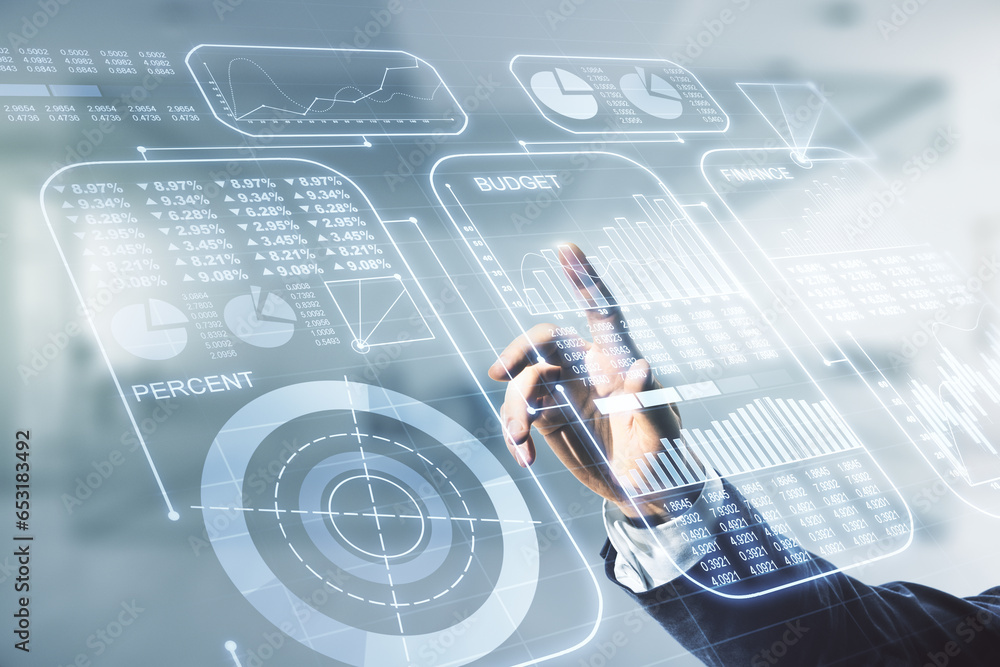 Poster Double exposure of male hand working with abstract creative statistics data hologram on blurred office background, analytics and forecasting concept