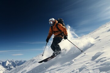 Naklejka na ściany i meble Skier carves the snowy landscape, displaying skill on the wintry slopes