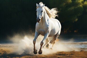 Obraz na płótnie Canvas The white horses elegant gait as it runs across the landscape