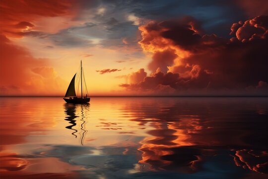 Sunsets serene glow paints a boats silhouette on tranquil waters