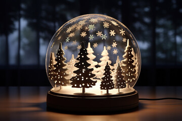 Fototapeta na wymiar Snow globe with Christmas trees and snowflakes. 