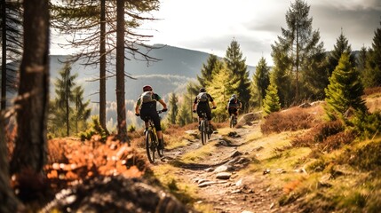 Obraz premium bicycle trekking over rough terrain, in the forest in the mountains, cycling, travel