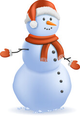 Christmas snowman with Santa hat and scarf isolated on white background.