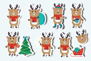 Deer set in cartoon design. Winter-themed illustration set in a delightful flat design, showcasing cute deer characters in a charming sticker-style format. Vector illustration.