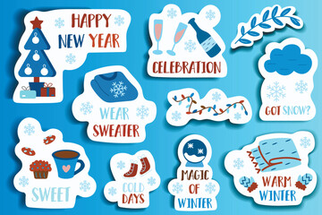 Fototapeta na wymiar Set of winter stickers in cartoon design. This stickers are designed with captivating illustrations and conveniently labeled titles for your creative endeavors. Vector illustration.