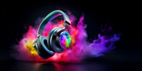 Stereo headphones exploding in festive colorful splash, dust and smoke with vibrant light effects on loud music sound, pulse, bass and beats, ready for party