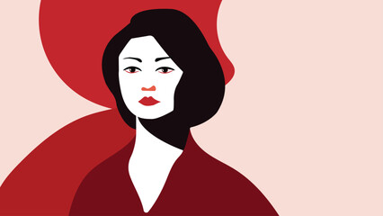 A woman in a dark red shirt. Flat color minimal illustration with a simple abstract shape background.