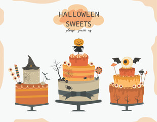 Halloween party sweets. Cake candy cupcakes, Design for holiday design.Vector illustrations. - 653184453