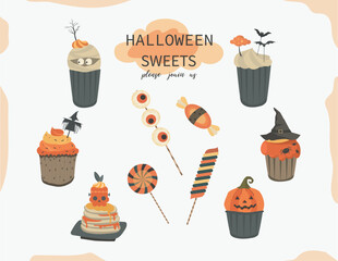 Halloween party sweets. Cupcakes lollipops jelly cookies cake candy, Design for holiday design.Vector illustrations. - 653184461