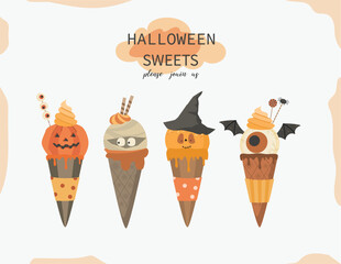 Halloween Ice cream with Popping Candy,spook symbols icons set for Halloween Party decoration.Sweet Halloween vector illustrations.  - 653184474