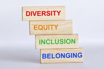 DEIB, Diversity, equity, inclusion, belonging symbol. Wooden blocks with words DEIB, diversity, equity, inclusion. belonging on white background. Business, DEIB concept. - obrazy, fototapety, plakaty