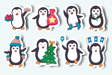 Set of penguins in cartoon design. Illustration is created in a sticker style, and showcasing festive scenes with charming Christmas penguins. Vector illustration.