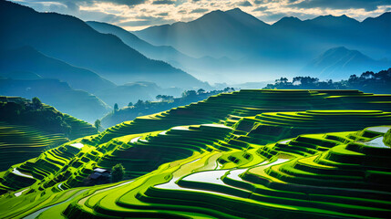 Lush terraced rice fields, agricultural beauty and patterns.