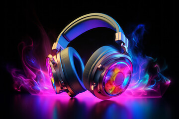 Fototapeta na wymiar Stereo headphones exploding in festive colorful splash, flame and smoke with vibrant light effects on loud music sound, pulse, beats and flow, ready for party