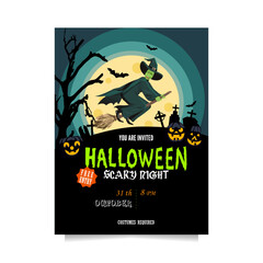 Halloween party invitation with pumpkins, bats, graves and a witch on a broom in full moon