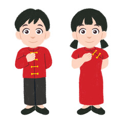 Cartoon Malaysia people in Chinese traditional costumes