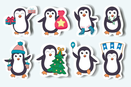 Set of penguins in cartoon design. Illustration is created in a sticker style, and showcasing festive scenes with charming Christmas penguins. Vector illustration.