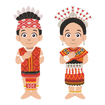 Cartoon Malaysia people in Iban traditional costumes
