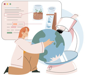 Scientist conducts research to study planet Earth, makes experiments, studies properties of plants, state and degree of pollution of air, using lab microscope to identify environmental problems