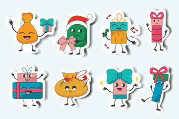 Set of gifts in stickers cartoon design. Illustrations beautifully presented in a charming sticker-style format showcase cute Christmas gifts. Vector illustration.