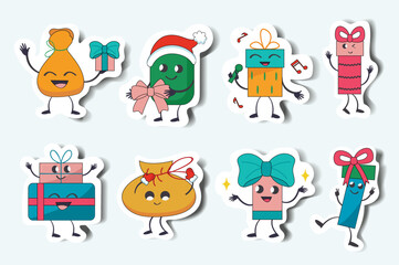Set of gifts in stickers cartoon design. Illustrations beautifully presented in a charming sticker-style format showcase cute Christmas gifts. Vector illustration.