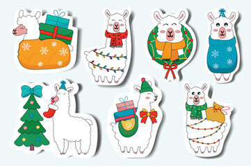 Lama set in cartoon style. Demonstration of the joy of winter with this set of flat design illustrations, complete with endearing llama characters. Vector illustration.