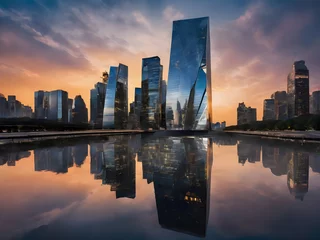 Fotobehang city skyline at sunset. Generative AI  © Imesh