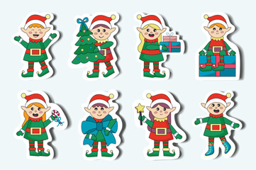 Elf set in cartoon stickers design. These flat design illustrations, inspired by the winter season, showcase endearing and funny elves in a whimsical sticker style. Vector illustration.