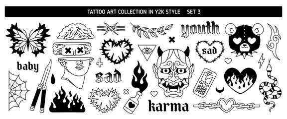 Y2k Tattoo art designs in 2000s style 3. Butterfly knife, demon mask, snake, flame. Y2k tattoo sickers of heart fire, butterfy, lheart with thorns, antique statue head, love. Vector 00s style tattoo