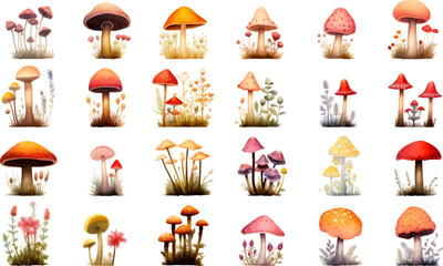 colorful illustrations of mushrooms in watercolor, in the style