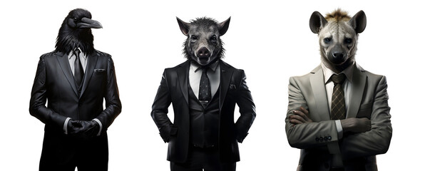 Set of creative animal head in business suit and standing posing, Crow, wild boar, hyena, Contemporary art idea concept design, isolated on white and transparent background, ai generate