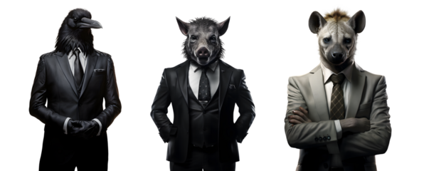 Set of creative animal head in business suit and standing posing, Crow, wild boar, hyena, Contemporary art idea concept design, isolated on white and transparent background, ai generate