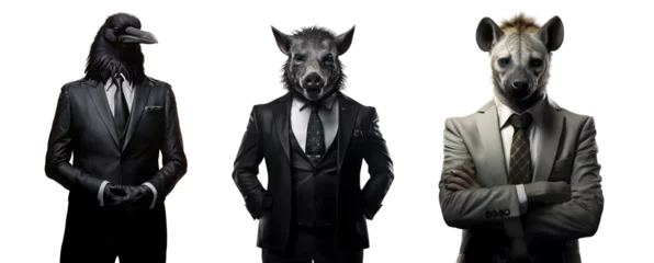 Foto auf Acrylglas Set of creative animal head in business suit and standing posing, Crow, wild boar, hyena, Contemporary art idea concept design, isolated on white and transparent background, ai generate © Black Pig