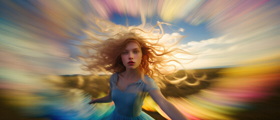 Super wide-angle portrait of a woman soaking up all the summer sunshine radiance, projecting an explosion of fabulous rainbow joy, long tangled hair blowing freely in the wind, free spirited soul.