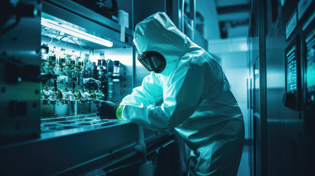 Microbiology Scientist Wearing Sterile Coveralls, Face Shields And Masks Talk, Use Tube Blood Samples And Develop Vaccine