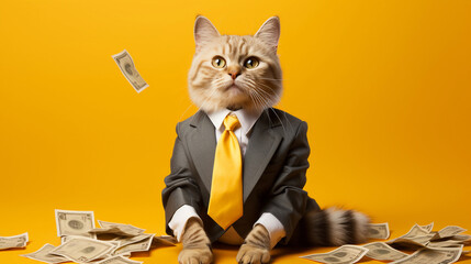 Cool looking rich cat wearing a suit and bright yellow tie, cash notes and yellow background - obrazy, fototapety, plakaty