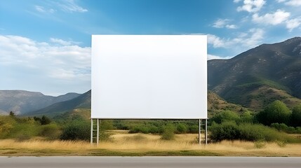 Blank white billboard, mountains at the background. 