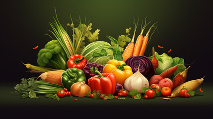 A bunch of different types of vegetables on a black background, Generative AI