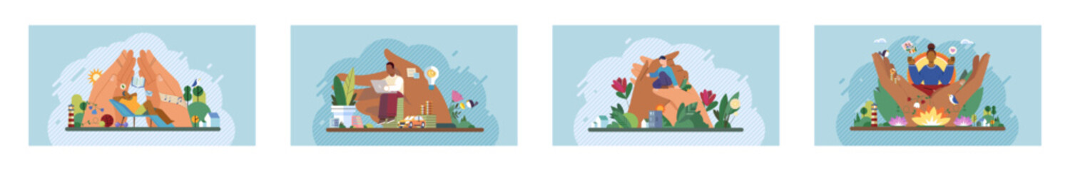 Wellbeing metaphor. Vector illustration. Support insurance, protective shield for every employee Employee wellbeing, lifeblood of energized workplace Humcare, bonding glue in professional environment