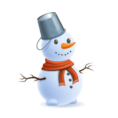 Christmas snowman with bucket hat isolated on white background.