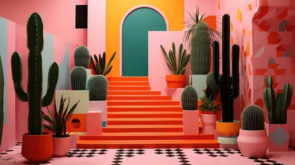 Foto op Plexiglas Generative AI, Memphis postmodern style interior with many plants, vibrant colors room © DELstudio