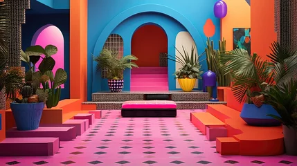 Zelfklevend Fotobehang Generative AI, Memphis postmodern style interior with many plants, vibrant colors room © DELstudio